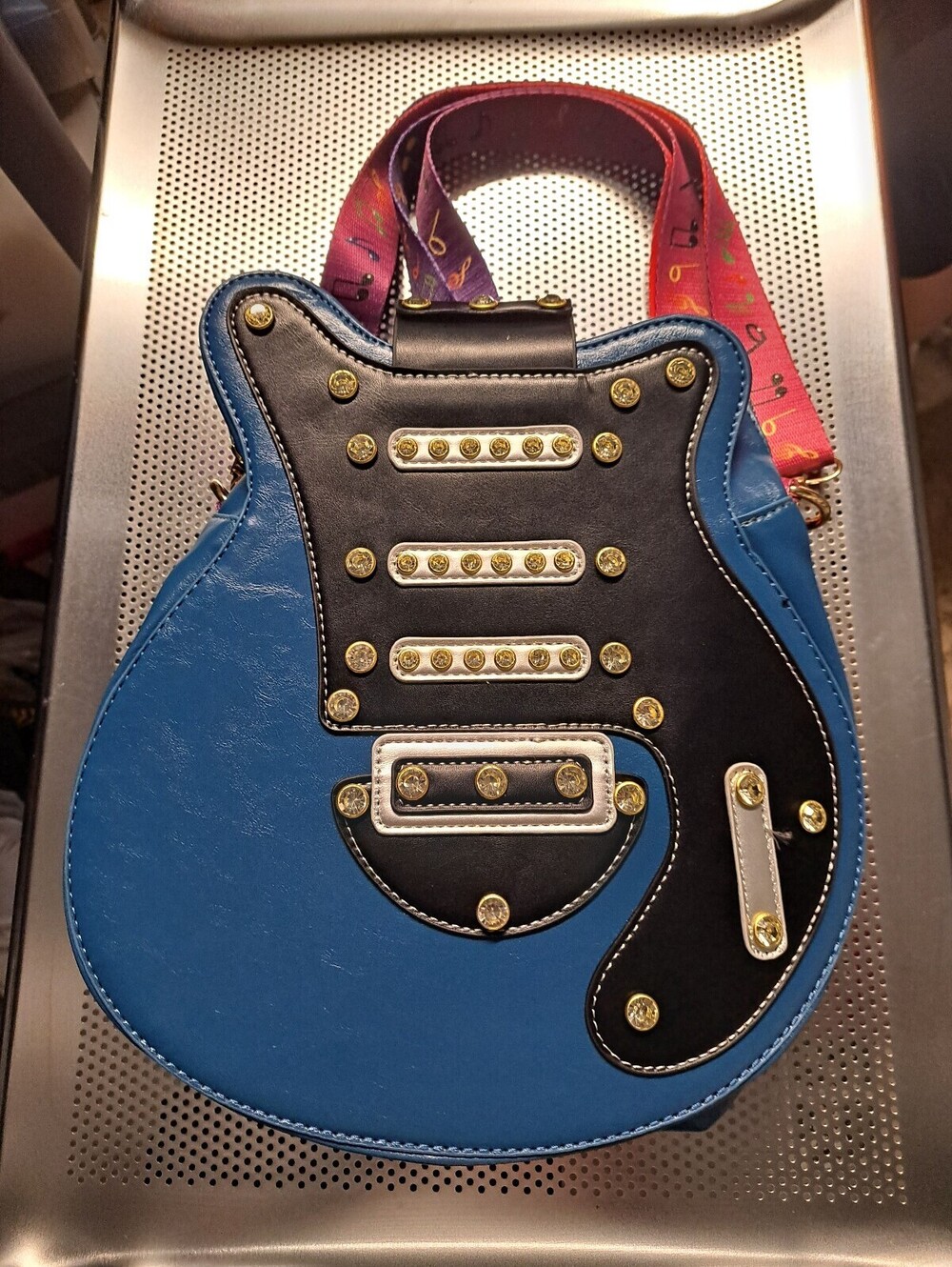 Unique Guitar-Shaped Women's Shoulder Bag with Colorful Musical Note Strap